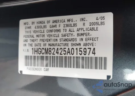 2005 Honda Accord 3.0 Lx Special Edition из США, поврежденный, VIN 1HGCM82425A015974